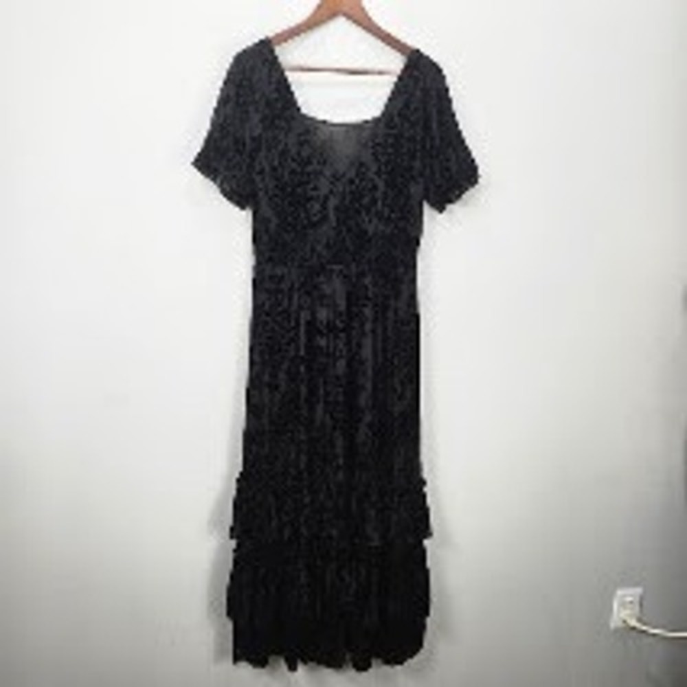Whimsigoth Babydoll Velvet Burnout Tiered Maxi Dress M Smocked Ruffle HOCO Witch